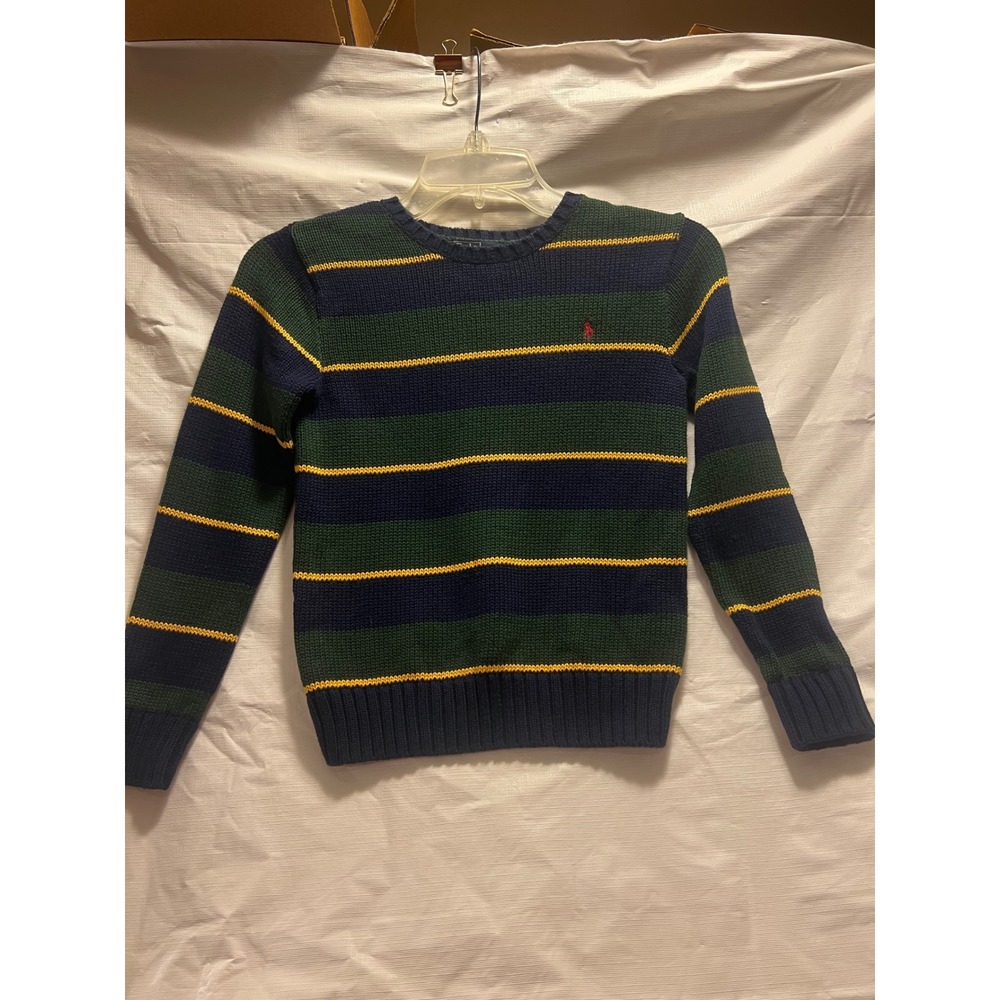 Polo Ralph Lauren Kids Size 7 Striped Cotton Knit Crewneck Sweater Navy Green